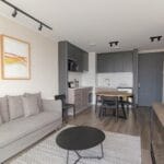 Nowoczesny salon z szarą kanapą i aneksem kuchennym w minimalistycznym stylu